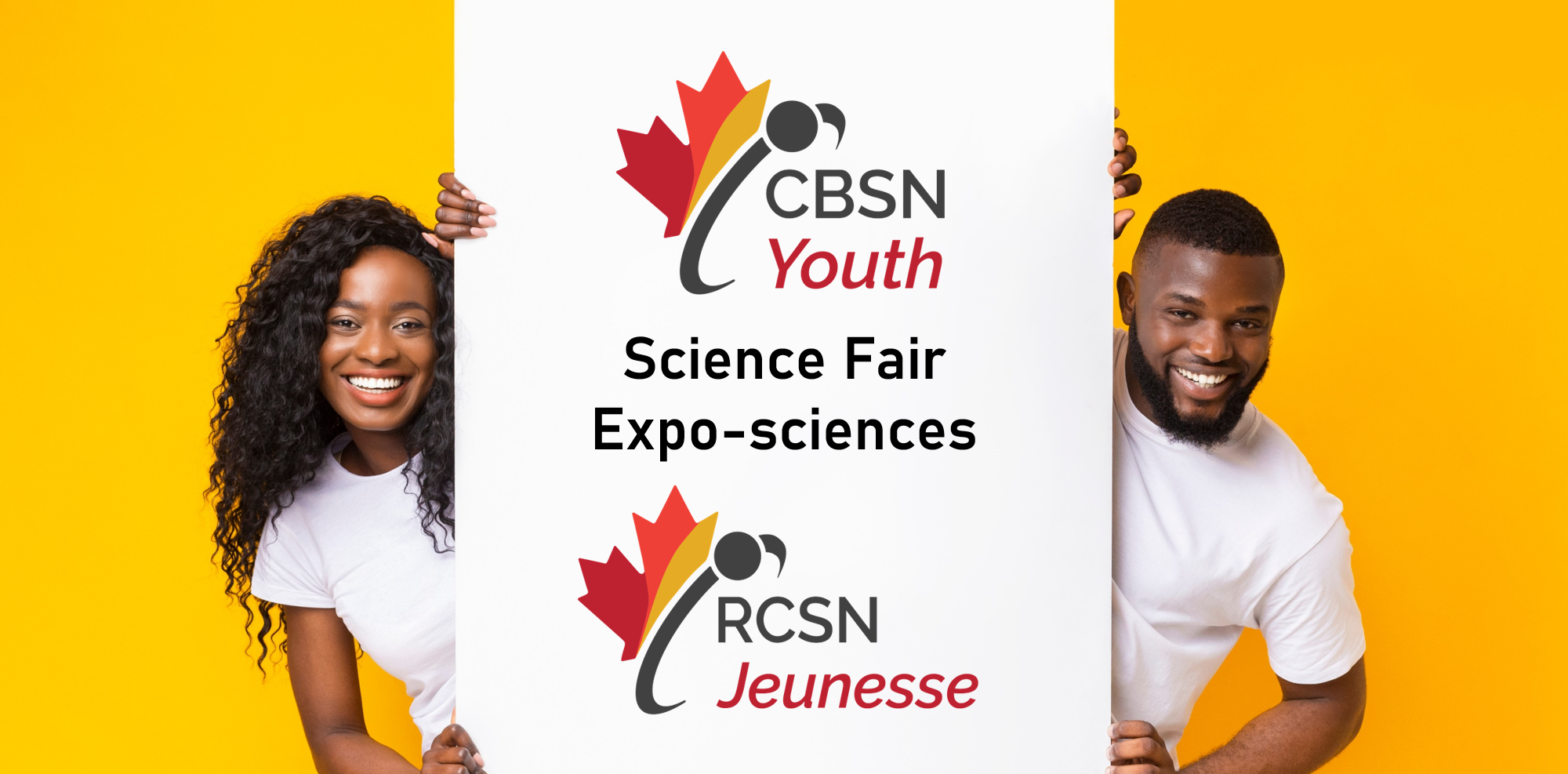 Science Fair poster being held up by two smiling people in front of a bright yellow background