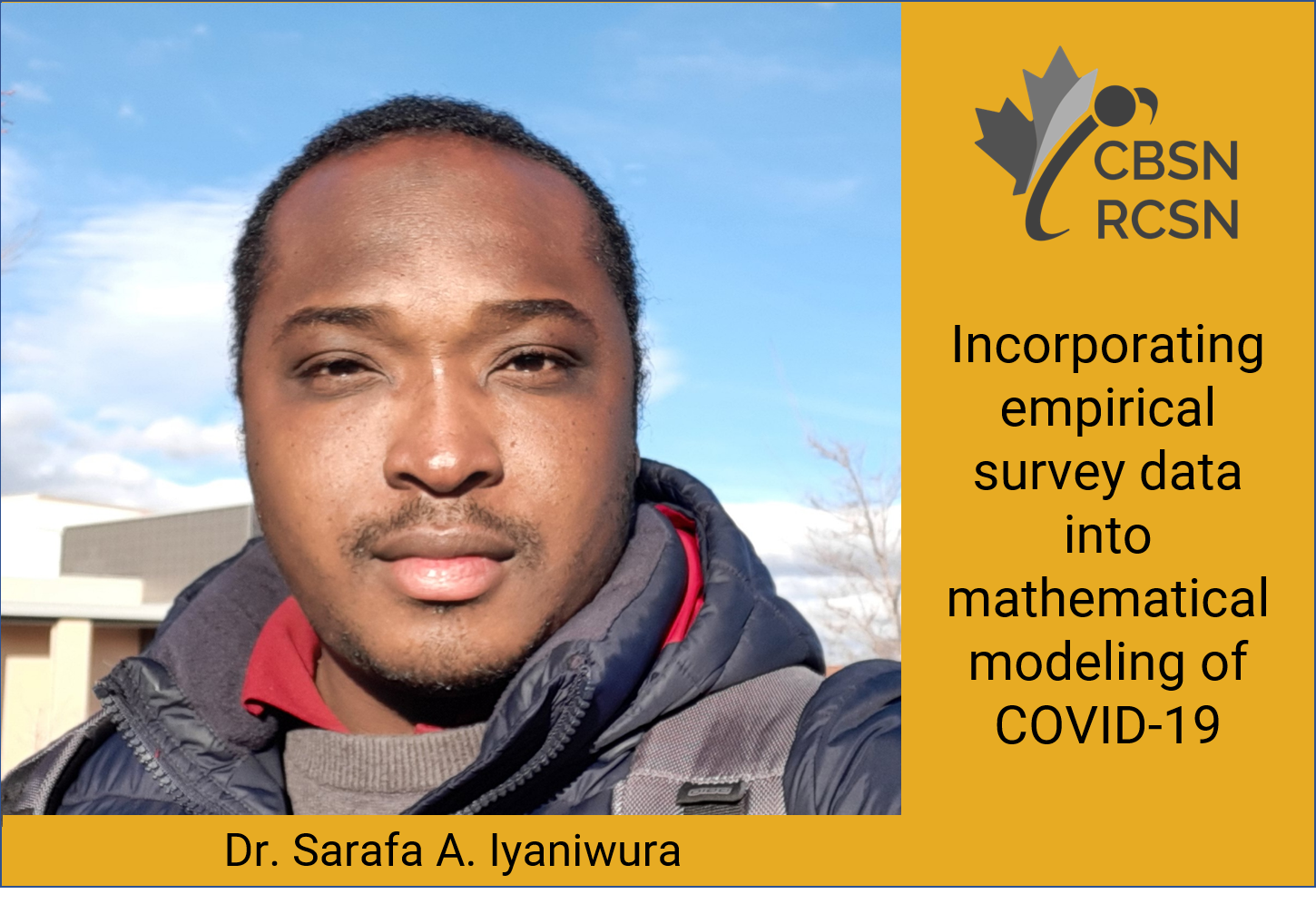 Dr Iyaniwura photo against a bright blue sky. Talk title in black text on a yellow background.