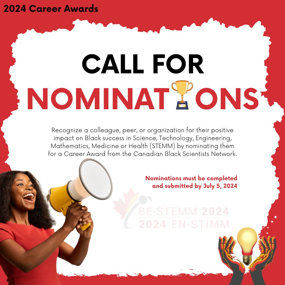 Call for Nominations shows a woman calling into a bullhorn and the logo for the BE-STEMM 2024 conference