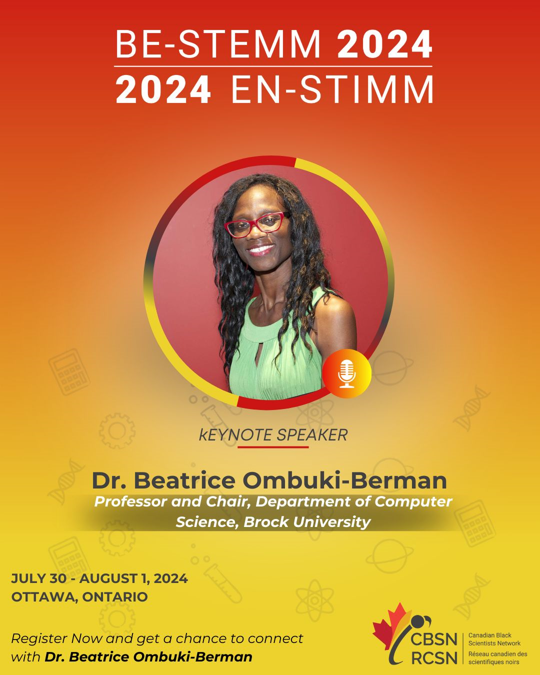 Brightly coloured poster with smiling woman advertising a keynote talk at the Black Excellence in STEMM conference