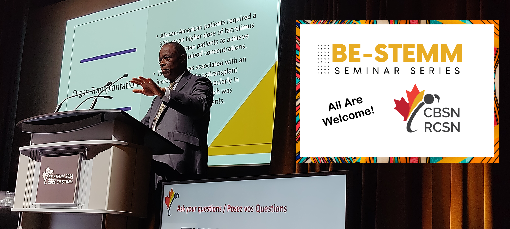 Dr. Upton Allen speaks at a podium in front of a slide. To the right of the image is a poster welcoming all to the BE-STEMM Seminar Series